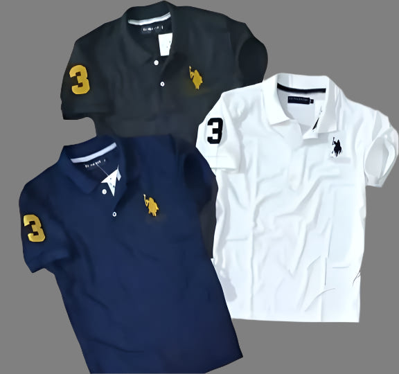 Solid Polo Matty Elegance in 3 Colors T-Shirts  Pack of 3 for Mens
Size:M, L, XL, XXL available in 4 sizes
Color: Unique combination of 3 colors hence Multicoloured
Fabric:Premium Cotton Blend with nice texure
Durability:Long durability with light weight and sturdy
 Type:Polos unique brand
 Style:Solid , it's solidness indicate longuity
 Design Type:Polos T-Shirt
 Sleeve Length:Short Sleeves suits to the shoulders of strong men.